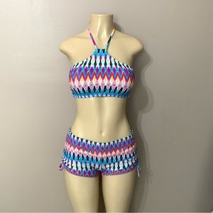 ATHLETA Boscabell Aztec Ikat Print High Neck Bikini Top Bottoms Swim Size S/M